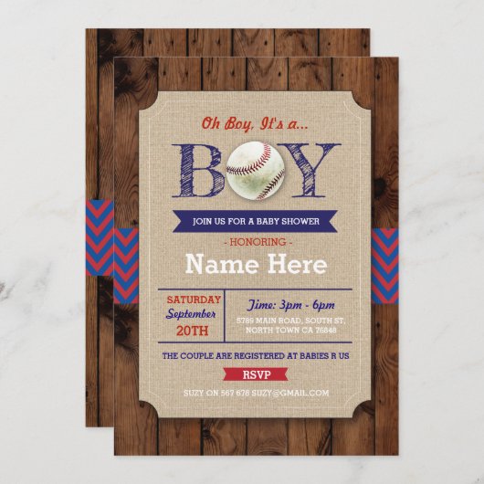 野球ブルーウッドボーイベビーシャワースポーツ招待状 招待状 (正面/裏面)