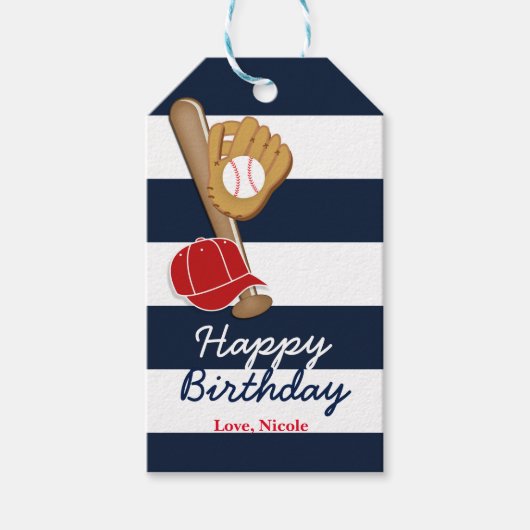 野球ブルーストライプのバースデーパーティギフトラベル ギフトタグ (正面)