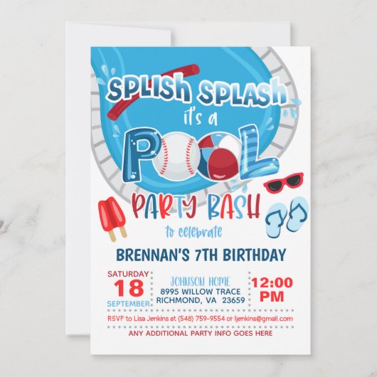 野球プールパーティの招待状 – 少年 – Wh 招待状 (正面)