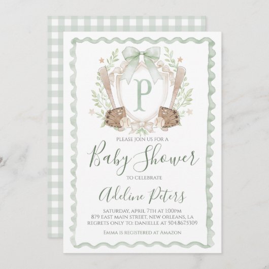 野球ベイビーシャワーボーイ名門私立校風のギンガムセージ緑 招待状 (正面/裏面)