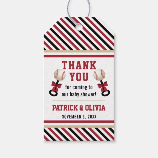 野球ベイビーシャワーメッセージカード、赤、黒 ギフトタグ (正面)