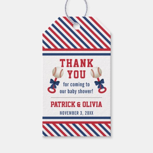 野球ベイビーシャワーメッセージカード、青、赤 ギフトタグ (正面)