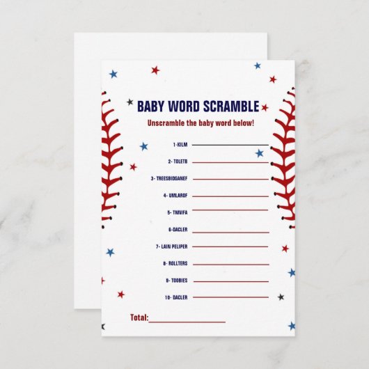 野球ベビーの単語スクランブル赤ちゃんシャワーゲーム 招待状 (正面/裏面)