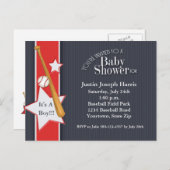 野球ベビーシャワー招待状ネイビーレッド インビテーションポストカード (正面/裏面)