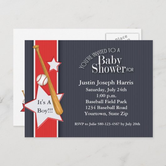 野球ベビーシャワー招待状ネイビーレッド インビテーションポストカード (正面/裏面)