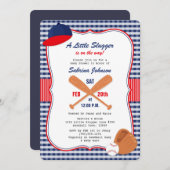 野球ベビーシャワー招待状ブルーレッドギンガム 招待状 (正面/裏面)