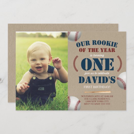 野球ボーイファースト誕生日ルーキーフォト写真 招待状 (正面/裏面)