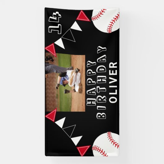 野球ボールのバンティングフラッグブラックフォト誕生日 横断幕 (縦)