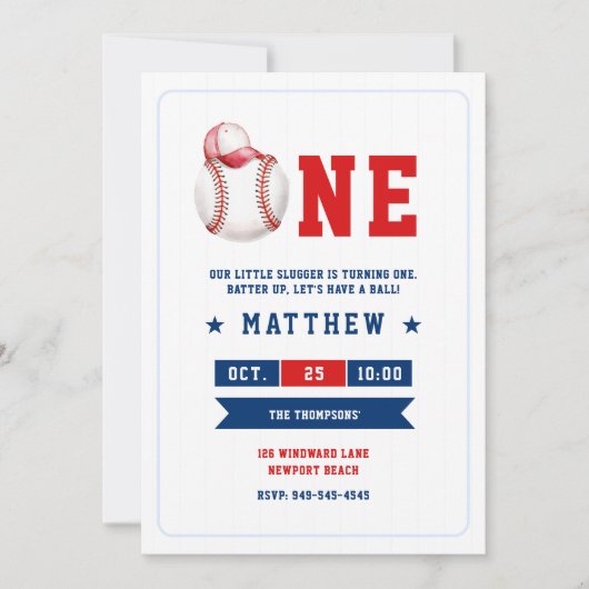 野球ボールキャップブルーレッドかわいい男の子1歳の誕生日 招待状 (正面)