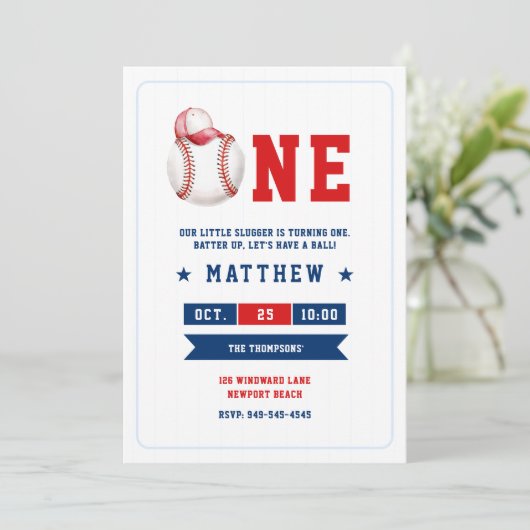 野球ボールキャップブルーレッドかわいい男の子1歳の誕生日 招待状 (スタンド正面)