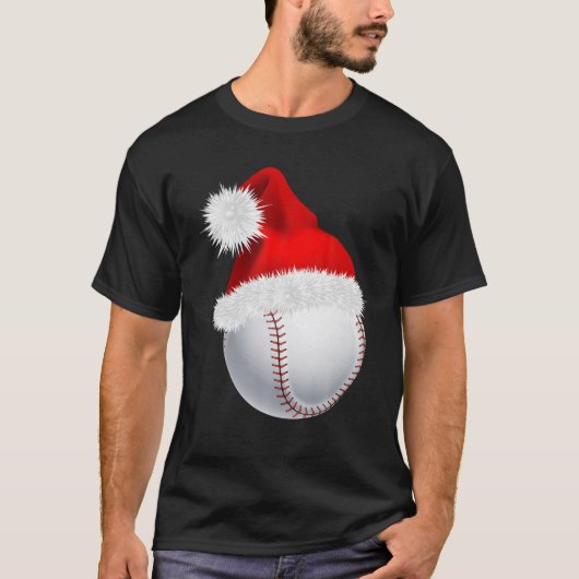 野球ボールクリスマスサンタハットおもしろいスポーツクリスマス Tシャツ (正面)