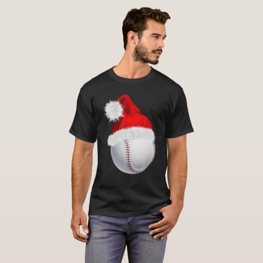 野球ボールクリスマスサンタハットおもしろいスポーツクリスマス Tシャツ (正面フル)