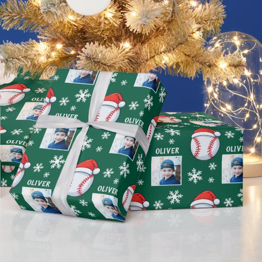 野球ボールサンタ帽子スノーフレーク名前写真 ラッピングペーパー (クリスマス)