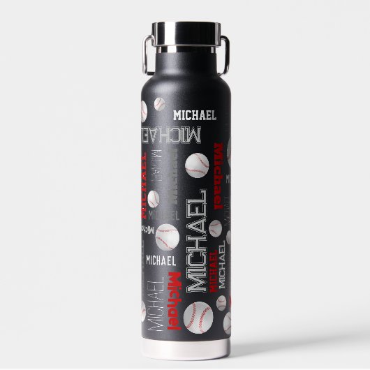 野球ボールスポーツブルーレッドホワイト名前をカスタムする ウォーターボトル (正面)