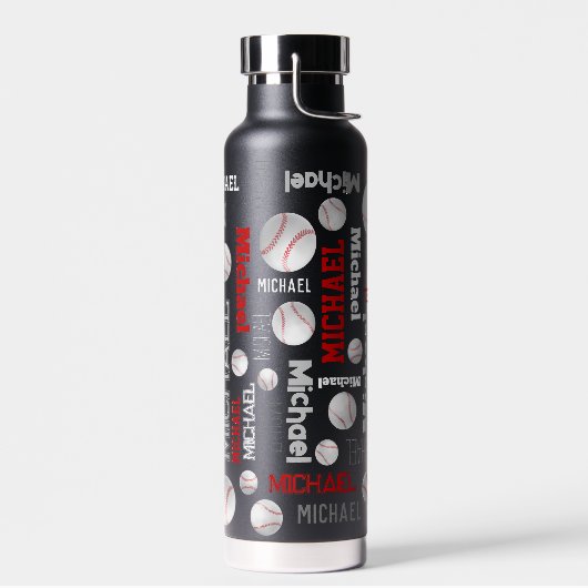 野球ボールスポーツブルーレッドホワイト名前をカスタムする ウォーターボトル (左面)