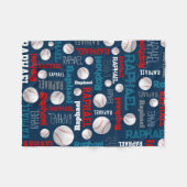 野球ボールスポーツブルーレッドホワイト名前をカスタムする フリースブランケット (正面(横))