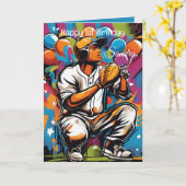 野球ボールハッピーバースデーキッズペルソナライズ カード (黄色い花)