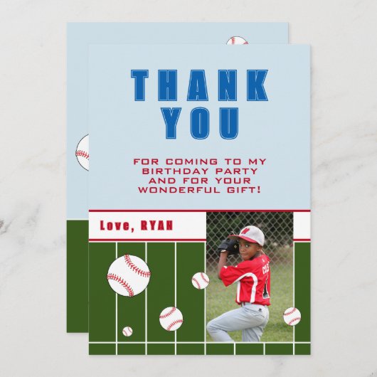野球ボールパーソナライズされた子供の誕生日写真 サンキューカード (正面/裏面)