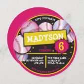 野球ボールピンクバースデーパーティーへの招待 招待状 (正面/裏面)