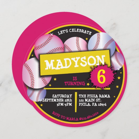 野球ボールピンクバースデーパーティーへの招待 招待状 (正面/裏面)