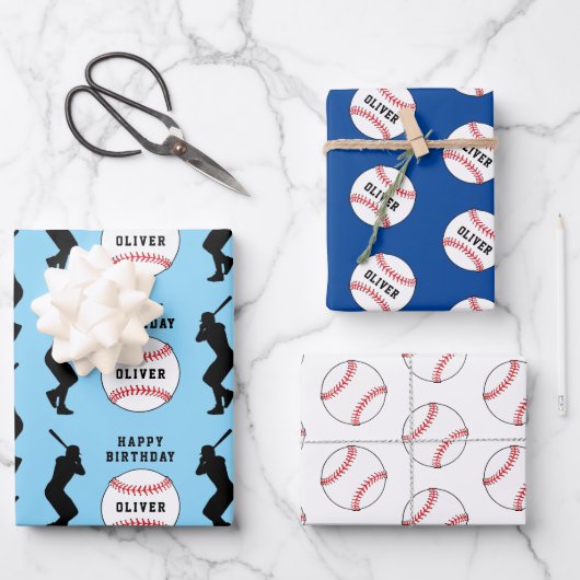 野球ボールブルースポーツ選手の子供の名前 ラッピングペーパーシート (正面)
