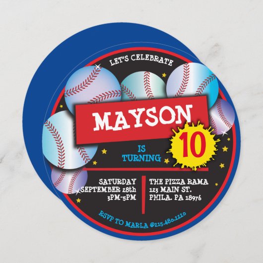 野球ボールブルーバースデーパーティーへの招待 招待状 (正面/裏面)