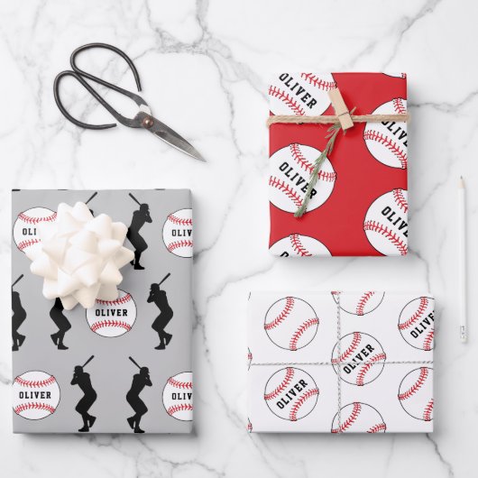 野球ボールプレーヤーキッズネーム誕生日 ラッピングペーパーシート (正面)
