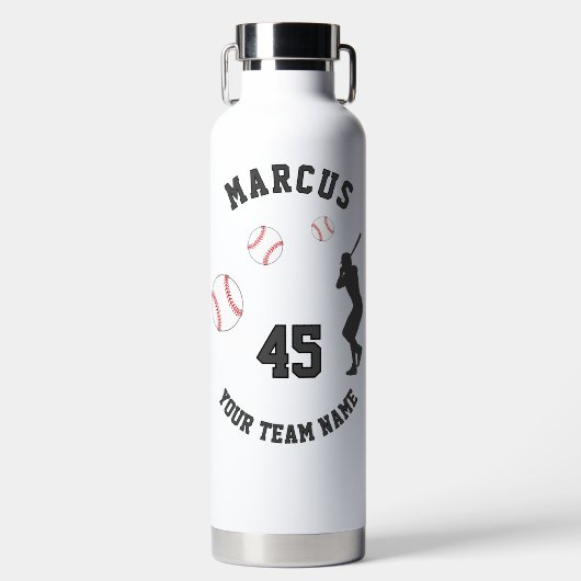 野球ボールプレーヤーシルエット名チーム番号 ウォーターボトル (正面)