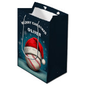野球ボールレッドサンタハット名クリスマス ミディアムペーパーバッグ (正面アングル)