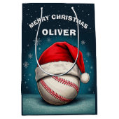 野球ボールレッドサンタハット名クリスマス ミディアムペーパーバッグ (正面)