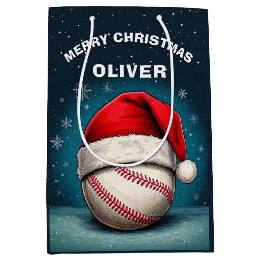 野球ボールレッドサンタハット名クリスマス ミディアムペーパーバッグ (正面)