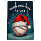 野球ボールレッドサンタハット名クリスマス ミディアムペーパーバッグ (裏面)