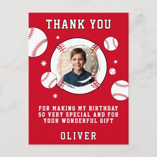 野球ボール テーマの誕生日写真 ありがとう ポストカード (正面)