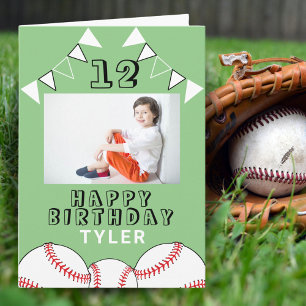 野球ボール フラグ 緑 スポーツ少年 写真 誕生日 カード