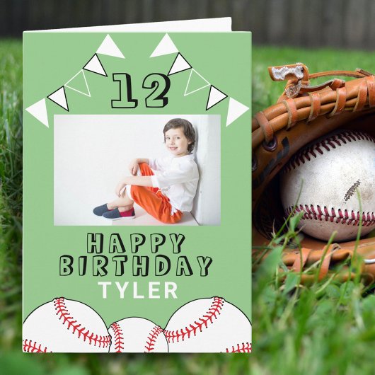 野球ボール フラグ 緑 スポーツ少年 写真 誕生日 カード