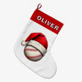野球ボール 赤いサンタ帽子 名前入り ラージクリスマスストッキング (正面 (吊り時))