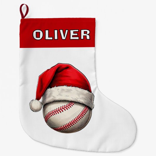 野球ボール 赤いサンタ帽子 名前入り ラージクリスマスストッキング (正面)