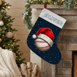 野球ボール 赤いサンタ帽子 名前入り ラージクリスマスストッキング