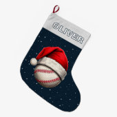 野球ボール 赤いサンタ帽子 名前入り ラージクリスマスストッキング (正面 (吊り時))