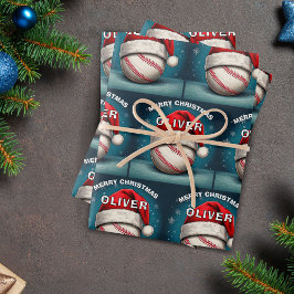野球ボール 赤いサンタ帽子 名前 クリスマス ラッピングペーパーシート