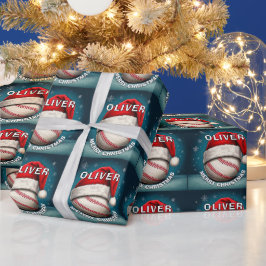 野球ボール 赤いサンタ帽子 名前 クリスマス ラッピングペーパー