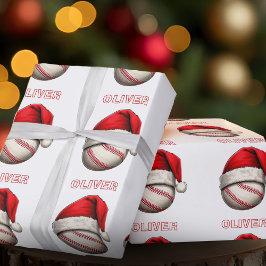 野球ボール 赤いサンタ帽子 名前 クリスマス ラッピングペーパー
