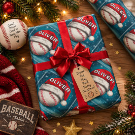 野球ボール 赤いサンタ帽子 名前 クリスマス ラッピングペーパー