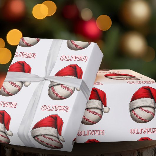 野球ボール 赤いサンタ帽 名前 クリスマス ラッピングペーパー