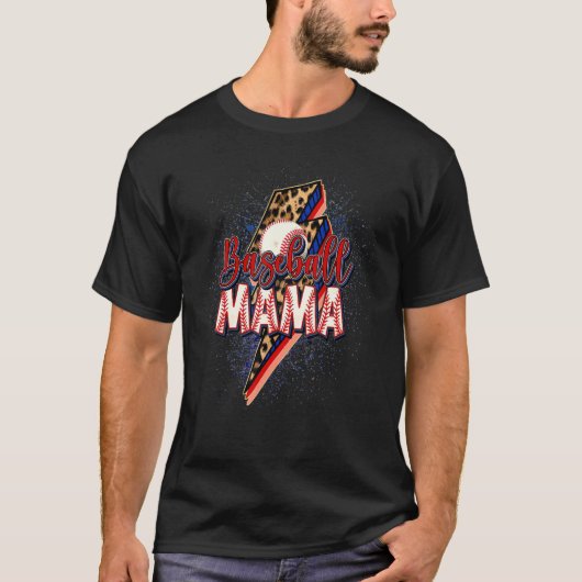 野球ママ 稲妻 雷 レオパード ソフトボール B Tシャツ (正面)