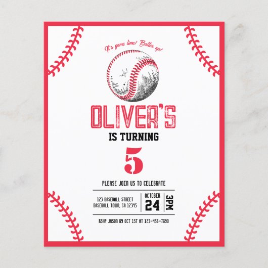 野球モダンステッチ予算誕生日招待状 (正面)