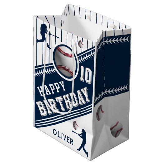 野球モダン球選手をテーマにした誕生日 ミディアムペーパーバッグ (正面アングル)