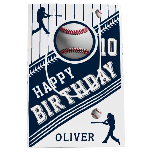野球モダン球選手をテーマにした誕生日 ミディアムペーパーバッグ (正面)