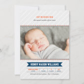 野球モダン男の赤ちゃんネイビーオレンジフォト誕生 案内状 (正面)