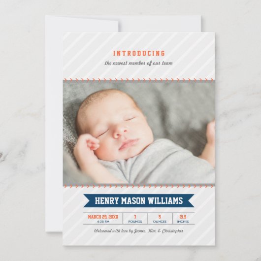 野球モダン男の赤ちゃんネイビーオレンジフォト誕生 案内状 (正面)